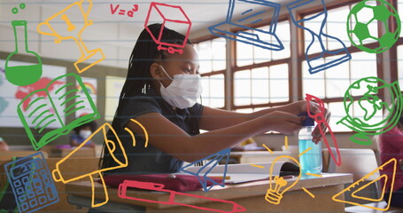 Image of school items icons moving over schoolgirl wearing face masks