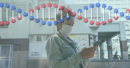 Image of dna strand over businesswoman using smartphone