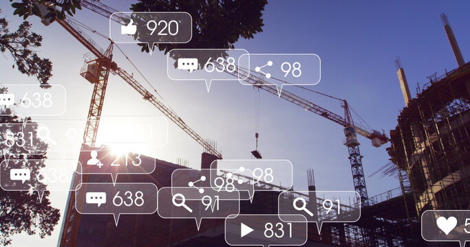Image of social media icons and numbers on banners over construction site