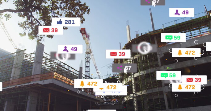 Image of social media icons and numbers on banners over construction site
