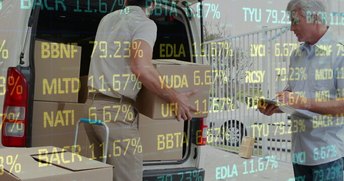 Image of financial data processing over delivery man with cardboard boxes - Powered by Adobe