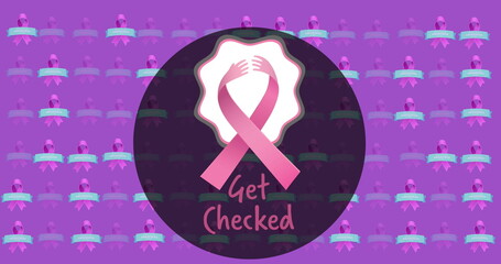 Fototapeta premium Image of get checked text with pink ribbon on purple background