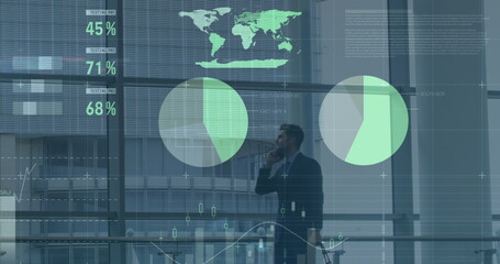 Image of financial data and graphs over caucasian businessman using smartphone