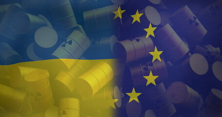 Image of flags of eu and ukraine over nuclear barrels