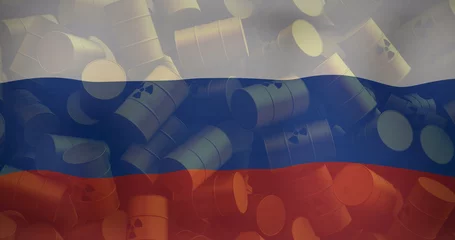 Foto auf gebürstetem Alu-Dibond Asien Image of flag of russia over barrels with radioactive symbol