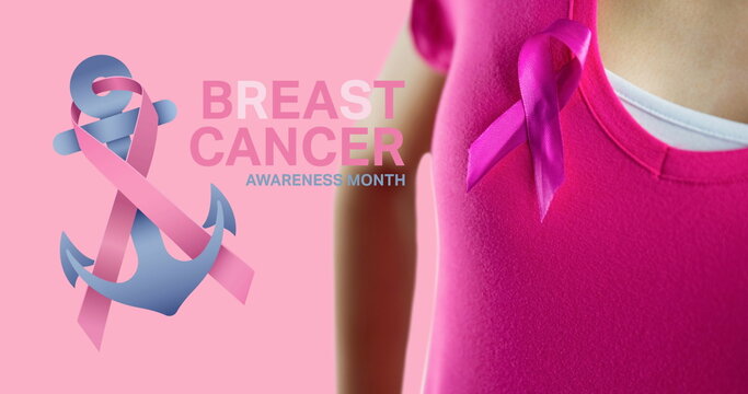 Image of breast cancer awareness text over caucasian woman with pink ribbon on pink background