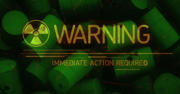 Image of nuclear symbol and warning text over nuclear barrels