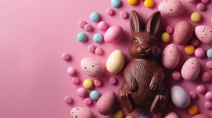  Easter composition - chocolate bunny, colored eggs and candies on pink paper background, top view © anatoliycherkas
