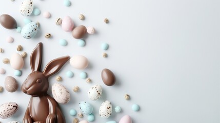 Easter composition - chocolate bunny, colored eggs and candies on white paper background, top view