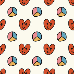 Seamless background of groovy hearts and peace signs. Psychedelic vector background in 1970s-1980s retro hippie style for print.