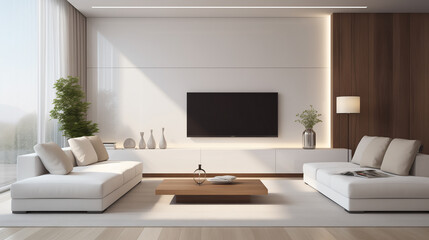 Contemporary Living Space with Elegant White Couch and Wooden TV Console
