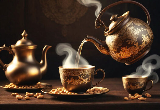 ramadan background  Ornate teapot pouring hot tea into a decorated cup with steam rising, surrounded by another teapo,generative AI