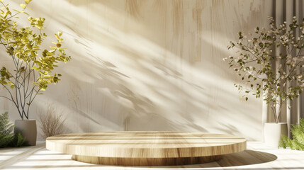 wood podium for display product. Background for cosmetic product branding, identity and packaging