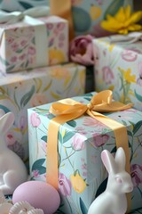 Fototapeta na wymiar A Symphony of Spring: Easter-Themed Wrapping Paper Adorned with Pastel Bunnies and Ribbons Dancing in the Breeze