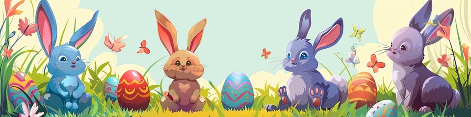 Panorama banner with a border of colorful decorated Easter eggs,generative AI.