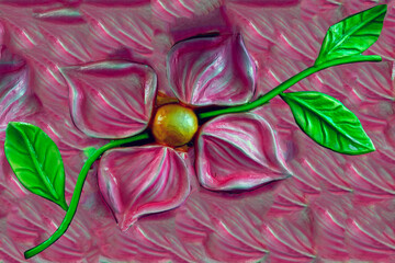 Illustrazione 3D di un fiore con foglie verdi su sfondo rosa 1459