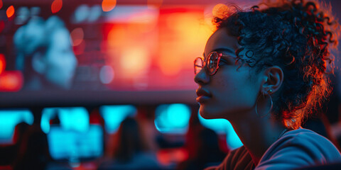 girl on the background of screens in the audience. Webinar with a speaker and a virtual audience