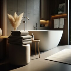 Bathroom towels sit awaiting use in modern bathroom environment
