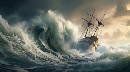 Vintage large sailing ship sail with bow of ship in the middle of the sea with raging sea storm, big foamy waves and beautiful clouds created with Generative AI Technology  - obrazy, fototapety, plakaty