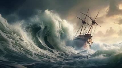 Poster Vintage large sailing ship sail with bow of ship in the middle of the sea with raging sea storm, big foamy waves and beautiful clouds created with Generative AI Technology  © AstraNova