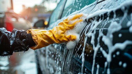 Close up hand in a special yellow rubber glove washes a car with water and foam. - obrazy, fototapety, plakaty