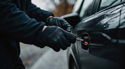 Man thief burglar dressed in black coat gloves holding screwdriver break lock, steal car on the road. Car thief criminal insurance concept - obrazy, fototapety, plakaty