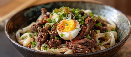 A detailed view of a bowl filled with savory Beef Bukkake Tororo infused Sanuki Udon, garnished with a soft boiled egg and beef slices.