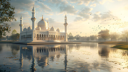 Fototapeta na wymiar illustration of a mosque on the riverbank in the morning. Islamic Background 
