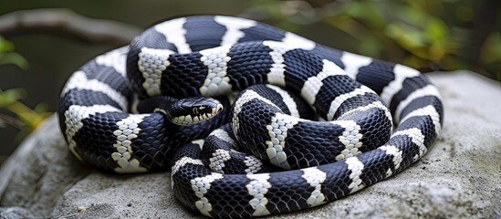 Fototapeta premium A California King Snake, featuring black and white scales, is seen coiled on a rock in Monterey, California. The snake appears poised and alert in its natural habitat.