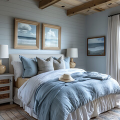 A serene coastal bedroom with breezy curtains and ocean-inspired decor, evoking a sense of calm and tranquility in interior design.