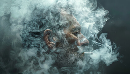 A smoking man with diseased lungs and brain. Harm to health from smoking. - obrazy, fototapety, plakaty