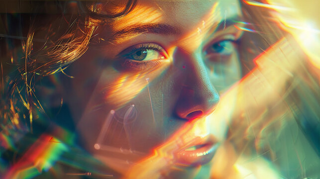 mulher com sobreposi&ccedil;&atilde;o de filtro de lente de prisma linear efeito de fotografia criativa