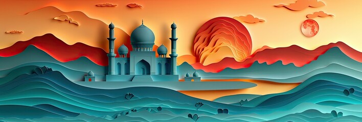 Beautiful sunset over the mountains with a mosque. Paper cut-out style illustration