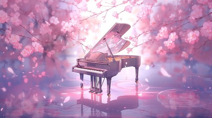 桜と水面に佇むピアノ