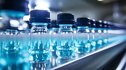 Vials of blue liquid on a conveyor belt in a pharmaceutical