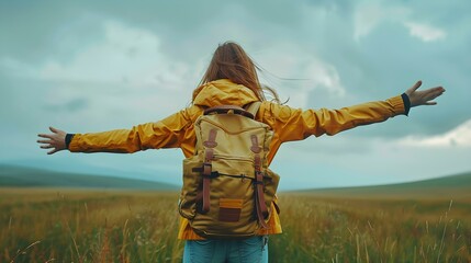 A young woman hitchhiking with a backpack embracing freedom and adventure. Concept Travel, Adventure, Freedom, Hitchhiking, Backpacking