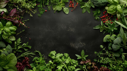 Fresh plants and herbs on a black background top view