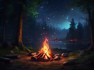 landscape of campfire in forest with starry sky. beautiful view for poster, web, social media. generative ai