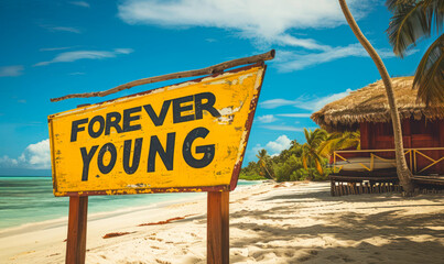 Vibrant FOREVER YOUNG sign on a tropical beach, evoking a sense of endless summer, vitality, and the timeless spirit of youthfulness