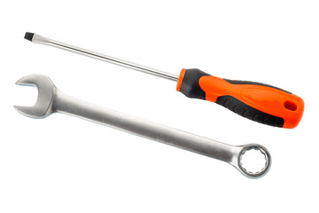 Wrench and screwdriver isolated. Realistic symbol of ongoing maintenance