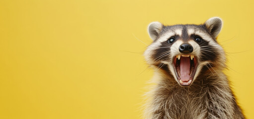 Happy funny excited raccoon with long ears and wide open mouth on bright background