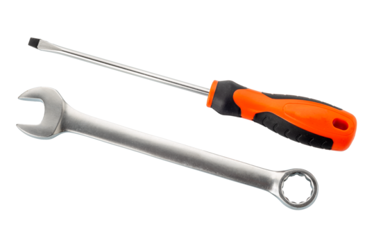 Wrench and screwdriver isolated. Realistic symbol of ongoing maintenance