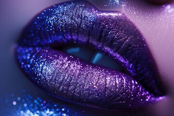 Close-up of violet woman's lips. Glossy purple lipstick with glitter. Half-open mouth of beautiful female model expresses sensuality and sexuality. Cosmetology or fashion makeup concept. Toned image.