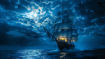 Old sailing ship on the ocean at night, silhouette against the blue sky, embarking on a nautical adventure © weerasak