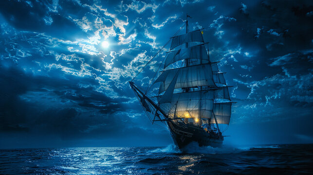 Old sailing ship on the ocean at night, silhouette against the blue sky, embarking on a nautical adventure - Powered by Adobe