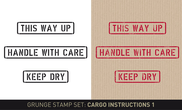 Stencil stamp set cargo instructions: this way up, handle with care and keep dry (plain and grunge versions)