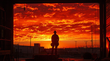 Orange sky frames a construction worker, a moment captured at the intersection of industry and urban architecture