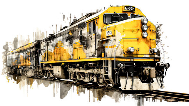 A charming watercolor sketch of a train with yellow gray lines