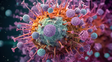 a macro image of a micro hi-tech coronavirus molecule is analyzed - obrazy, fototapety, plakaty