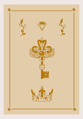 Esoteric poster Magic golden key with ornament, crown, amulets and diamond on beige background Boho style vector outline illustration.